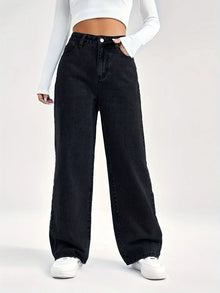 Damen Wide Leg Jeans mit Hohem Bund – Schwarz
