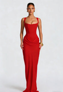 Damen Maxikleid mit Korsettoberteil und Breiten Schulterträgern – Rot