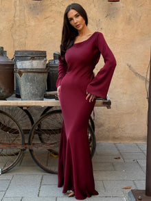 Damen Maxikleid mit Langen Glockenärmeln Rundhalsausschnitt und Bindegürtel am Rücken – Rot