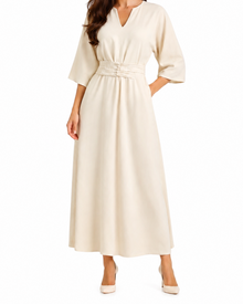 Damen Maxikleid mit Plissierter Taille – Beige
