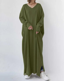 Damen Maxikleid mit V-Ausschnitt und langen Ärmeln – Dunkelgrün