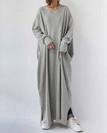 Damen Maxikleid mit V-Ausschnitt und langen Ärmeln – Grau