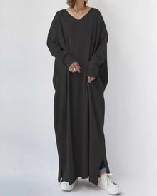 Damen Maxikleid mit V-Ausschnitt und langen Ärmeln – Schwarz