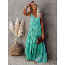 Damen Maxikleid mit V-Hals Spaghettiträgern und Gestuftem Rock – Grün