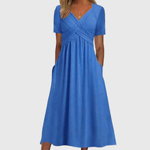 Katharina | Damen Midi Kleid mit Bauchkontrolle V-Ausschnitt Kurzarm – Blue