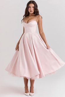 Damen Midikleid mit Bustier-Oberteil Spaghettiträgern Spitzenbesatz am Ausschnitt und Tellerrock mit Seitentaschen – Rosa