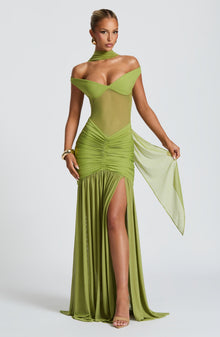 Damen Off-Shoulder Maxikleid mit Schalpartie und halbtransparentem Oberteil – Olivgrün