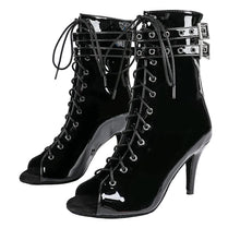 Damen Offene Ankle-Boots mit Schnürung, Riemen und Absatz – Schwarz