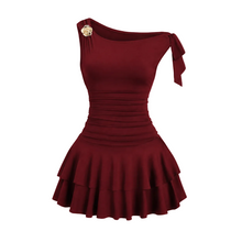 Damen One-Shoulder Minikleid mit Rüschen – Weinrot