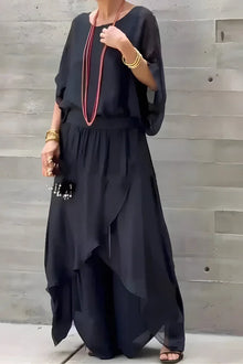 Damen Set mit weitem Oberteil und asymmetrischer Hose – Schwarz