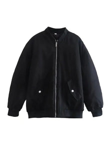 Damen Oversize Bomberjacke mit Reißverschluss – Schwarz