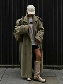 Damen Oversize Trenchcoat mit breiten Revers – Olivgrün