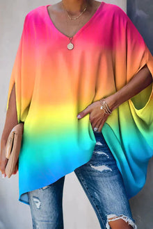 Luisa | Damen Oversized Fledermausärmel V-Ausschnitt Tunika – Regenbogen