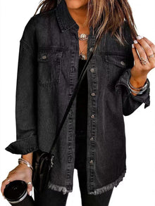 Elfriede | Damen Oversized Jeansjacke Langarm mit Knopfleiste Fransen-Saum – Schwarz