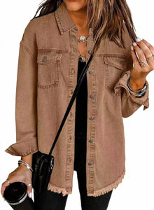 Elfriede | Damen Oversized Jeansjacke Langarm mit Knopfleiste Fransen-Saum – Braun