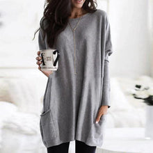 Amelie | Damen Oversized Langarm Tunika mit Taschen Rundhals Pullover – Grau