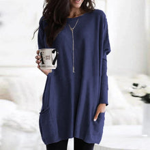 Amelie | Damen Oversized Langarm Tunika mit Taschen Rundhals Pullover – Marineblau