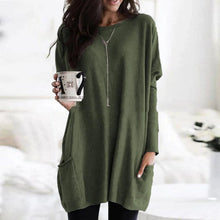 Amelie | Damen Oversized Langarm Tunika mit Taschen Rundhals Pullover – Olivgrün