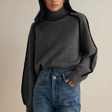 Luisa | Damen Oversized Rollkragen Sweater Zweifarbig Strickpullover – Grau