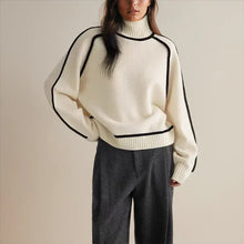 Luisa | Damen Oversized Rollkragen Sweater Zweifarbig Strickpullover – Weiß