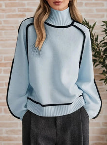 Luisa | Damen Oversized Rollkragen Sweater Zweifarbig Strickpullover – Blau