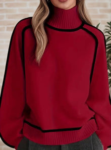 Luisa | Damen Oversized Rollkragen Sweater Zweifarbig Strickpullover – Rot