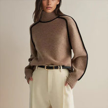 Luisa | Damen Oversized Rollkragen Sweater Zweifarbig Strickpullover – Braun