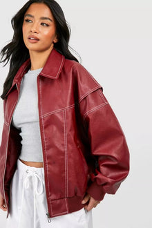 Sophie | Damen Oversized Steppjacke Bomberjacke mit Kontrastnähten – Weinrot