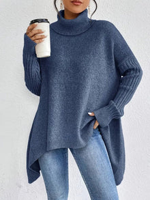 Annika | Damen Oversized Turtleneck Sweater Langer Rollkragenpullover Gerippte Bündchen – Ozeanblau