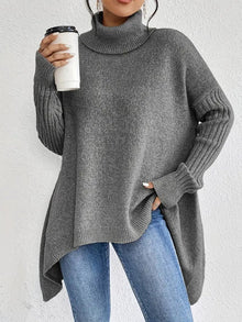 Annika | Damen Oversized Turtleneck Sweater Langer Rollkragenpullover Gerippte Bündchen – Stein Grau