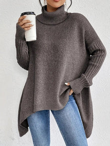 Annika | Damen Oversized Turtleneck Sweater Langer Rollkragenpullover Gerippte Bündchen – Espresso Braun