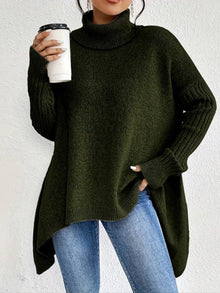 Annika | Damen Oversized Turtleneck Sweater Langer Rollkragenpullover Gerippte Bündchen – Kieferngrün