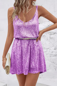 Amelie | Damen Pailletten Abendkleid Ärmellos V-Ausschnitt Mini Cocktailkleid – Lila