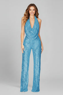 Annika | Damen Pailletten Jumpsuit Weites Bein Neckholder Wasserfall-Ausschnitt – Hellblau