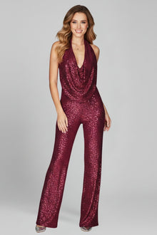 Annika | Damen Pailletten Jumpsuit Weites Bein Neckholder Wasserfall-Ausschnitt – Burgunderrot