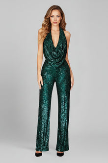 Annika | Damen Pailletten Jumpsuit Weites Bein Neckholder Wasserfall-Ausschnitt – Grün