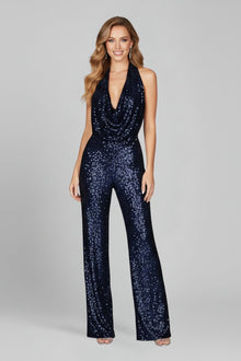 Annika | Damen Pailletten Jumpsuit Weites Bein Neckholder Wasserfall-Ausschnitt – Marineblau
