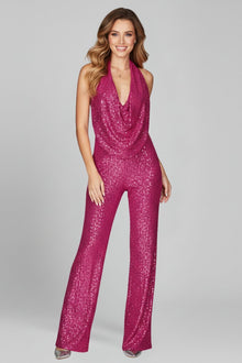 Annika | Damen Pailletten Jumpsuit Weites Bein Neckholder Wasserfall-Ausschnitt – Fuchsia-Pink