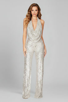 Annika | Damen Pailletten Jumpsuit Weites Bein Neckholder Wasserfall-Ausschnitt – Silber