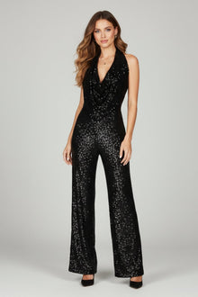 Annika | Damen Pailletten Jumpsuit Weites Bein Neckholder Wasserfall-Ausschnitt – Schwarz