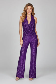 Annika | Damen Pailletten Jumpsuit Weites Bein Neckholder Wasserfall-Ausschnitt – Lila