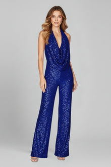 Annika | Damen Pailletten Jumpsuit Weites Bein Neckholder Wasserfall-Ausschnitt – Blau