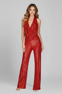 Annika | Damen Pailletten Jumpsuit Weites Bein Neckholder Wasserfall-Ausschnitt – Rot
