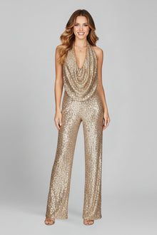 Annika | Damen Pailletten Jumpsuit Weites Bein Neckholder Wasserfall-Ausschnitt – Gold