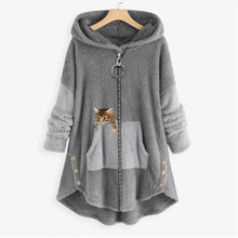 Elisabeth | Damen Plüsch Hoodie Pullover weicher Fleece-Reißverschluss-Sweatshirt mit Katzenmotiv – Grau