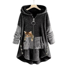 Elisabeth | Damen Plüsch Hoodie Pullover weicher Fleece-Reißverschluss-Sweatshirt mit Katzenmotiv – Dunkelgrau