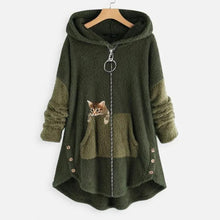 Elisabeth | Damen Plüsch Hoodie Pullover weicher Fleece-Reißverschluss-Sweatshirt mit Katzenmotiv – Grün