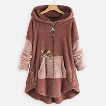 Elisabeth | Damen Plüsch Hoodie Pullover weicher Fleece-Reißverschluss-Sweatshirt mit Katzenmotiv – Rosa
