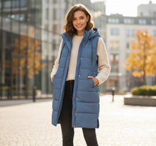 Sophie | Damen Puffer Vest Knielange Steppweste mit Kapuze Ärmellos – Blau