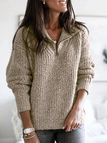 Damenpullover mit Halbreißverschluss und Strukturkragen – Khaki